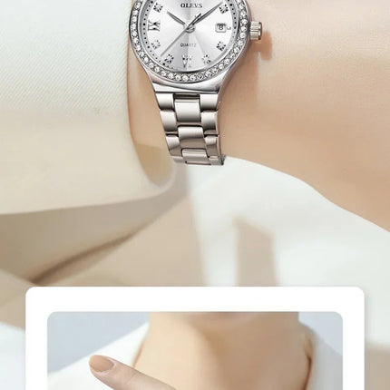 OLEVS 5628 Orologio al quarzo da donna Orologio da polso impermeabile luminoso in acciaio inossidabile con scala di diamanti e funzione data platinumshop