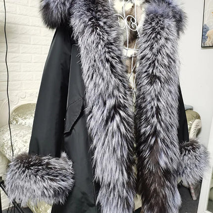 Winter Long Jacket Real Fur Coat Women Clothes Large Silver Fox Fur Collar Detachable Natural Fox Lining Parkas Leather Fur