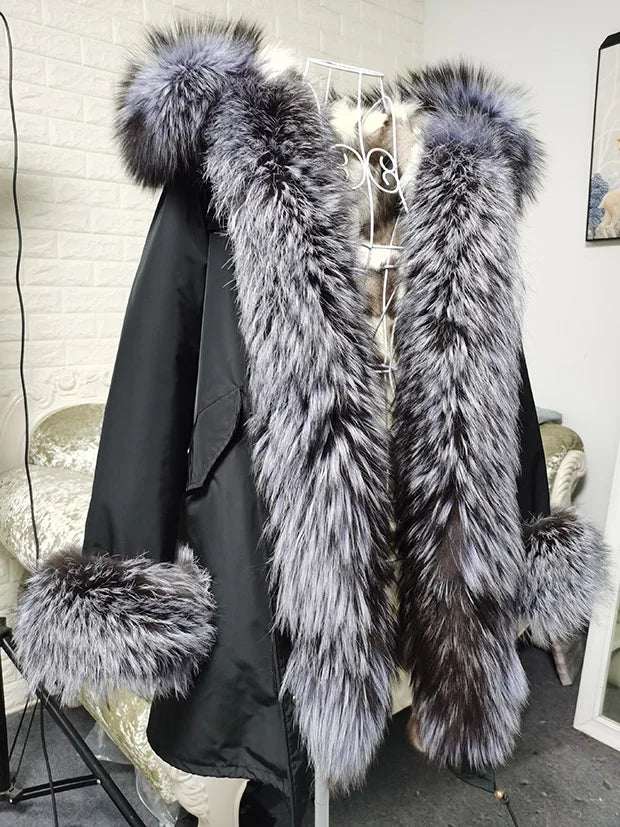 Winter Long Jacket Real Fur Coat Women Clothes Large Silver Fox Fur Collar Detachable Natural Fox Lining Parkas Leather Fur