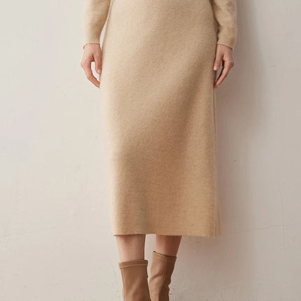 Women's 100% Cashmere Skirts Office Lady Autumn Winter Basic Fit Knitted High Waist Straight Skirt Graceful Long Warm Soft Dress PlatiNum