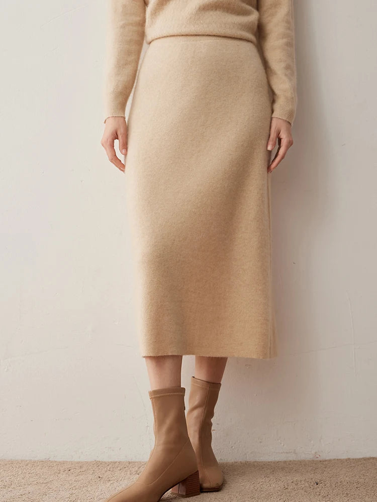 Women's 100% Cashmere Skirts Office Lady Autumn Winter Basic Fit Knitted High Waist Straight Skirt Graceful Long Warm Soft Dress PlatiNum