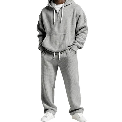 Autumn and Winter Waffle Hooded Sweatshirt Sweatpants Set 3D Printed Casual Sports Suit Men PlatiNum