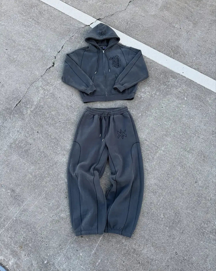 American Y2K Casual Zipper Hoodie Sweatpant Two Piece Set HipHop Oversized Embroidery Sweatshirts Men Women Casual Pants PlatiNum