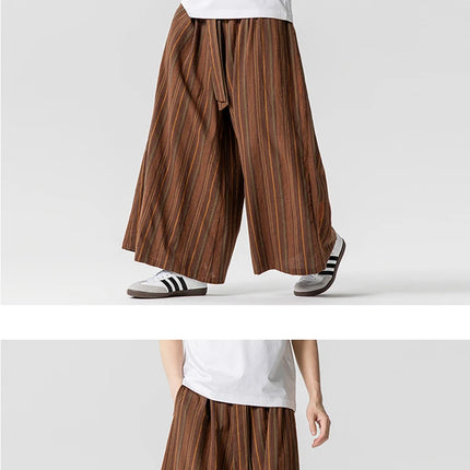 Pantaloni a righe da uomo in cotone e lino, comodi e traspiranti, pantaloni a gamba larga, kimono, samurai giapponese, pantaloni alla moda larghi casual da uomo
