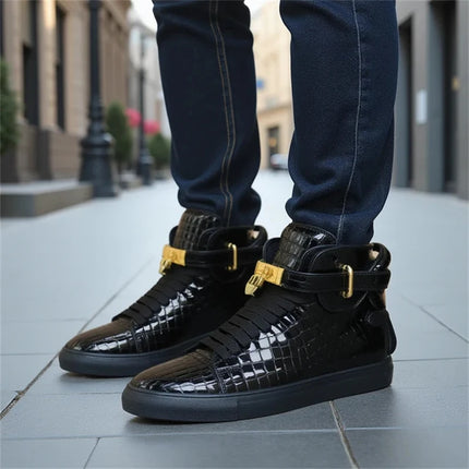 Men Red Crocodile Pattern High Top Sneakers Glossy Patent Leather Metal Buckle Lace-up Casual Shoes Streetwear Male Footwear