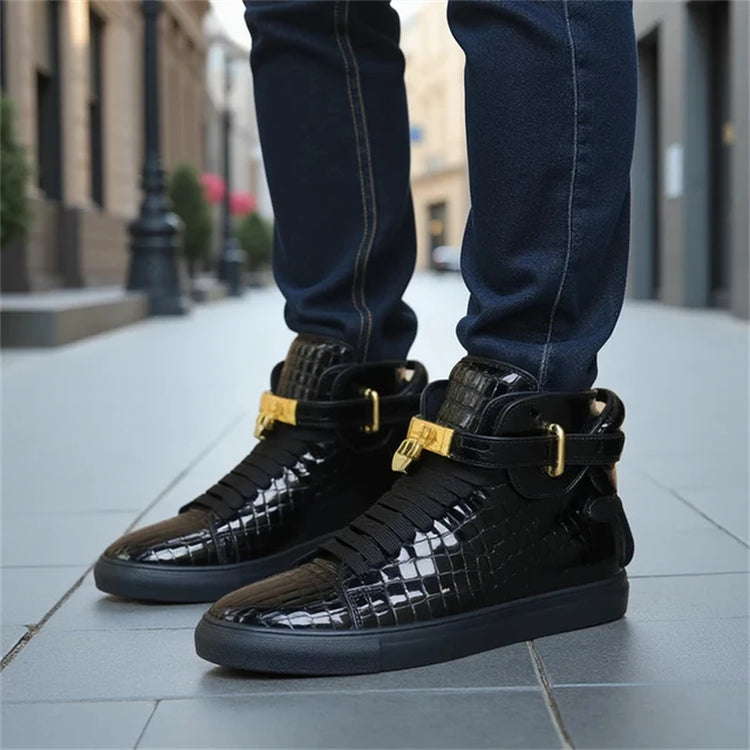 Men Red Crocodile Pattern High Top Sneakers Glossy Patent Leather Metal Buckle Lace-up Casual Shoes Streetwear Male Footwear
