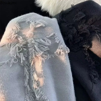 2026 Street Style Broken Holes Sweaters for Men Autumn Winter Thick Knitted O Neck Pullovers Vintage Casual Couple Sweater Coats
