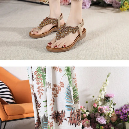 New 2026 Women's Summer Bohemian Style Sandals, Flip-Flop Design with Beaded and Rhinestone Buckle, Elastic Heel Strap, Comfortable Everyday Shoes