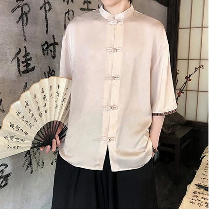 Camicie retrò da uomo, estive, eleganti, larghe, casual, leggere, sottili, traspiranti, in stile cinese, vintage, con calligrafia tradizionale.