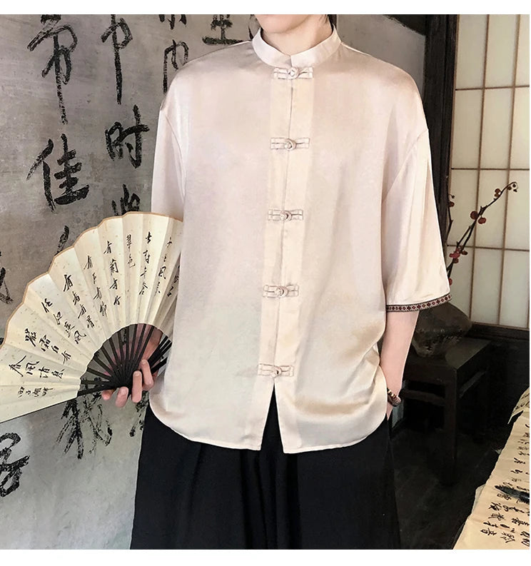 Camicie retrò da uomo, estive, eleganti, larghe, casual, leggere, sottili, traspiranti, in stile cinese, vintage, con calligrafia tradizionale.