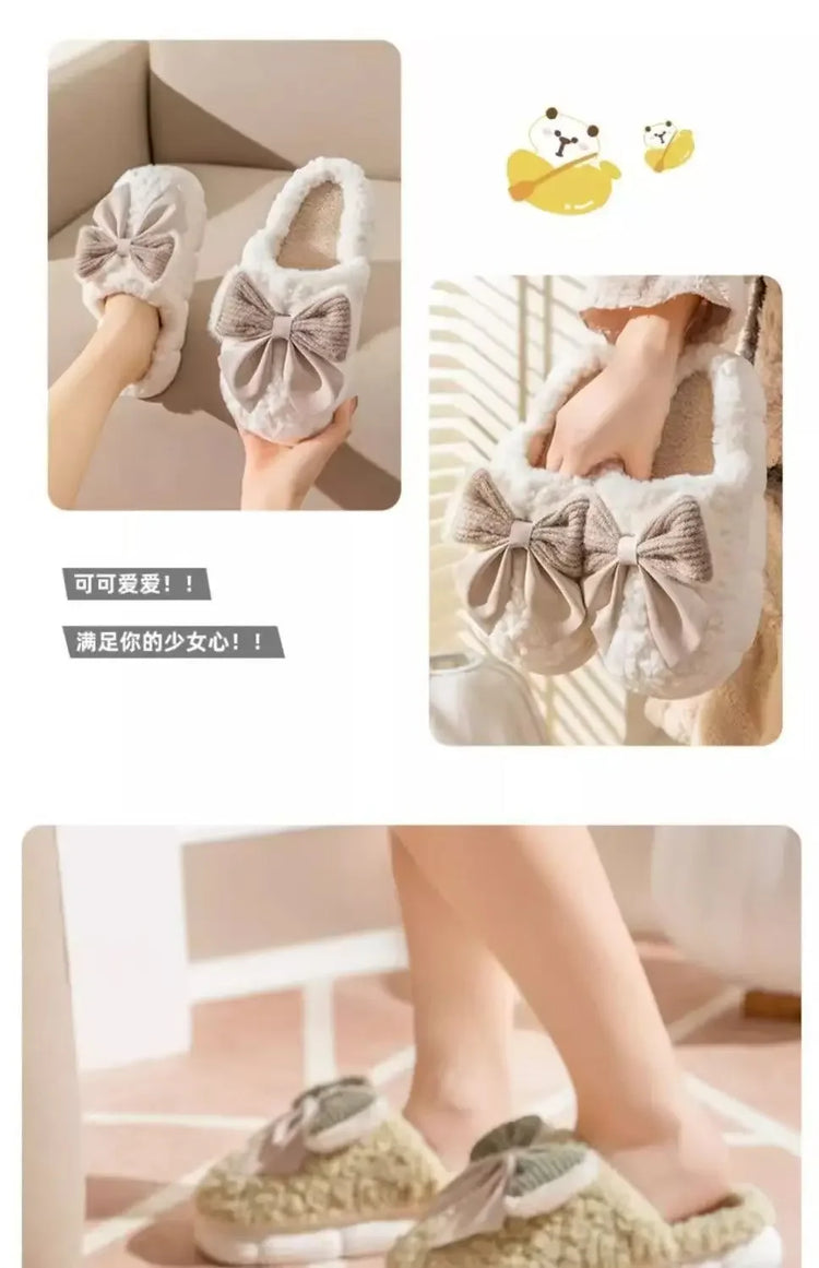 Winter Cute Butterfly Cotton Slippers for Women Non Slip Thick Sole Fluffy Indoor House Shoes Warm Maternity Home Footwear