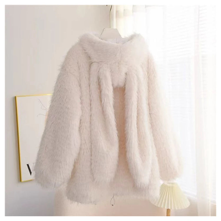 Cute rabbit ear lamb plush coat for women, 2024 autumn and winter new loose and thick hooded sweater, outerwear top