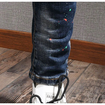 Fashion Streetwear Men Jeans Retro Black Blue Elastic Slim Fit Ripped Jeans Men Spliced Designer Embroidery Hip Hop Denim Pants PlatiNum