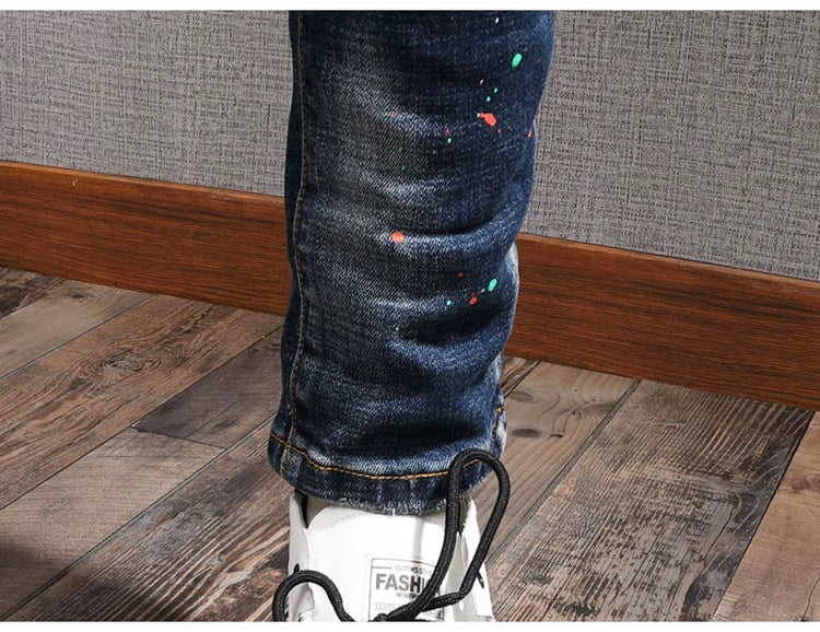 Fashion Streetwear Men Jeans Retro Black Blue Elastic Slim Fit Ripped Jeans Men Spliced Designer Embroidery Hip Hop Denim Pants PlatiNum