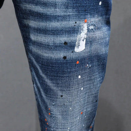Fashion Designer Men Jeans Retro Blue Stretch Slim Fit Painted Ripped Jeans Men Korean Style Vintage Casual Denim Pants Hombre PlatiNum