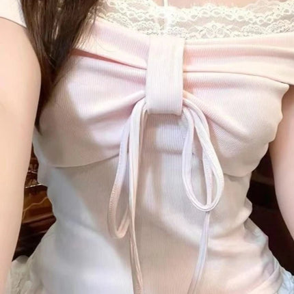 Design dolce con spalle scoperte T-shirt rosa da donna elegante Kawaii slim manica lunga top in pizzo moda femminile abiti skinny adorabili novità - platinumshop