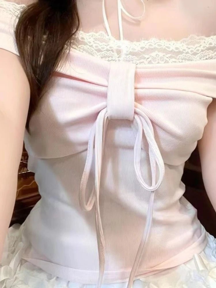 Design dolce con spalle scoperte T-shirt rosa da donna elegante Kawaii slim manica lunga top in pizzo moda femminile abiti skinny adorabili novità - platinumshop