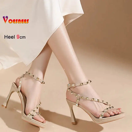 Sandali Estivi da Donna con Rivetti Colorati, Punta Tonda, Tacco Sottile 9cm, Cinturino alla Caviglia, Fascia Stretta Dritta, Scarpe Eleganti da Donna platinumshop