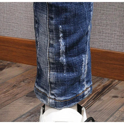 Fashion Streetwear Men Jeans Retro Black Blue Elastic Slim Fit Ripped Jeans Men Spliced Designer Embroidery Hip Hop Denim Pants PlatiNum