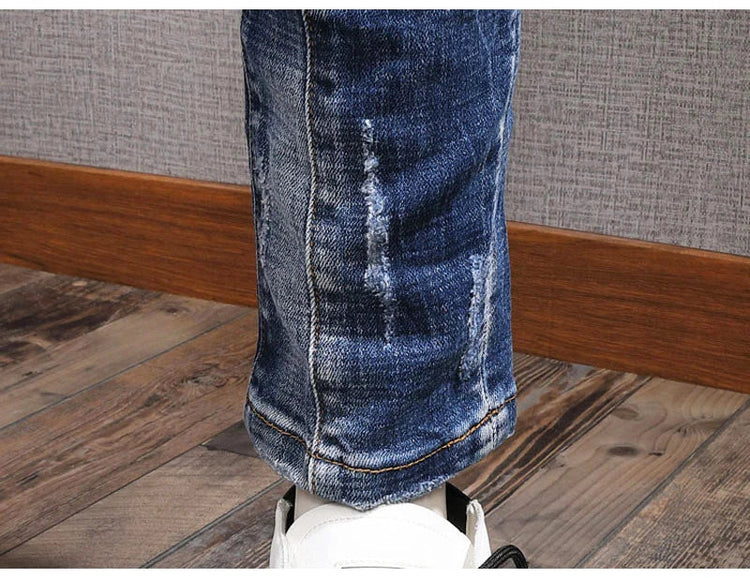 Fashion Streetwear Men Jeans Retro Black Blue Elastic Slim Fit Ripped Jeans Men Spliced Designer Embroidery Hip Hop Denim Pants PlatiNum