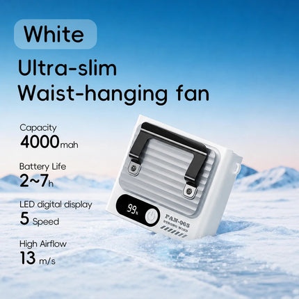 Nuovo Ventilatore Portatile da Cintura per Esterni 4000mAh USB, Mini Ventilatore Multifunzione con 5 Velocità e Display Digitale, Ricaricabile