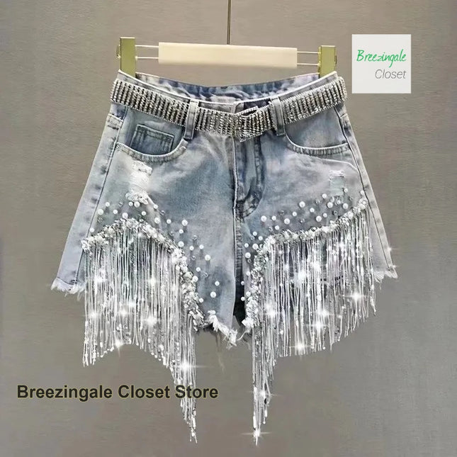 American heavy industry full rhinestone denim shorts, thin tassel beaded ripped jeans, new women's high-waisted summer jeans.