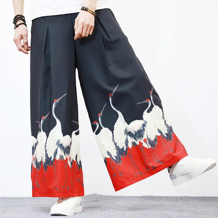 Nuovi Pantaloni da Uomo con Stampa Tradizionale a Gru, Stile Cinese Vintage, Pantaloni Harem Estivi, Pantaloni Larghi Hanfu Oversize da Uomo