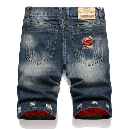 Pantaloncini di jeans da uomo lavati vintage della nuova estate Pantaloncini di jeans dritti maschili in difficoltà con toppe con foro strappato da strada alla moda casual