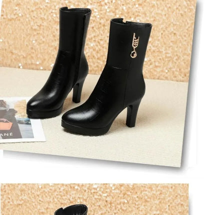 Women's Mid-calf Boots Temperament Pointed High Heeled Boots High Quality Casual Leather Boots for Women Plush Warm Winter Boot