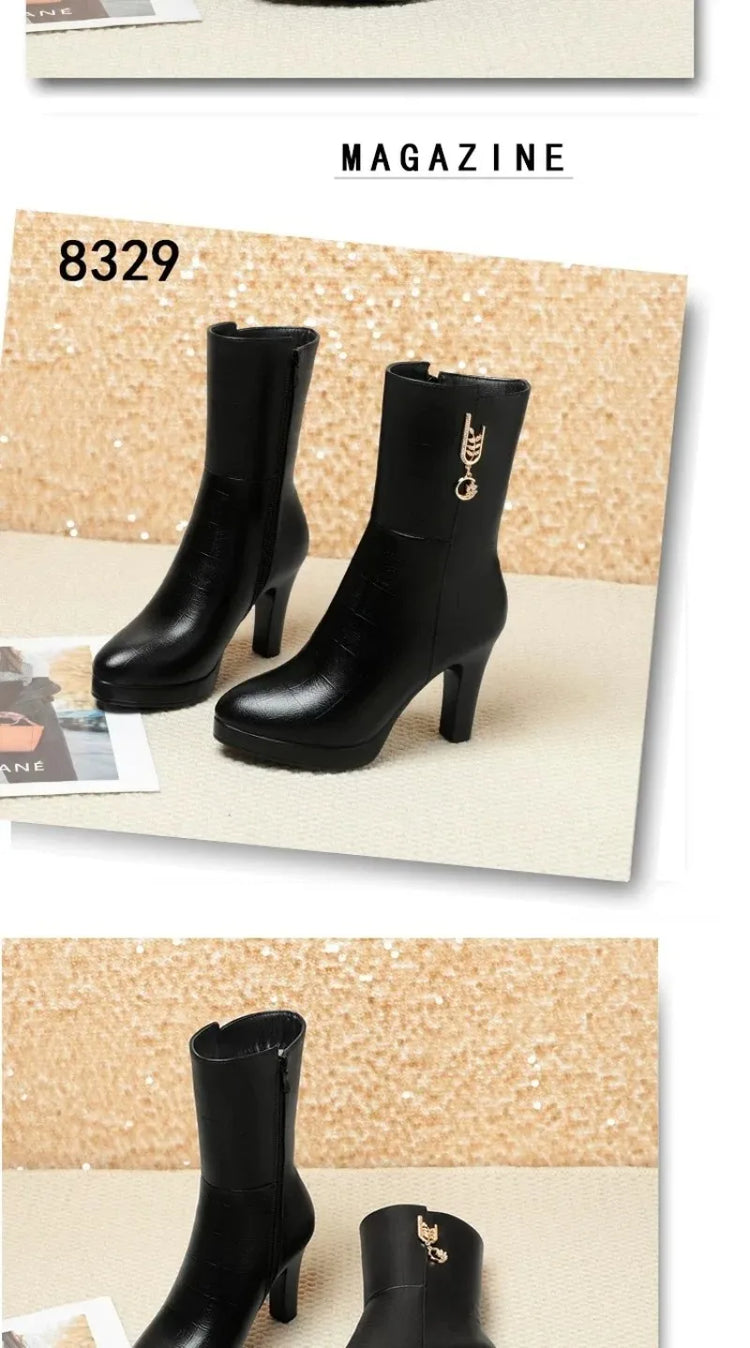 Women's Mid-calf Boots Temperament Pointed High Heeled Boots High Quality Casual Leather Boots for Women Plush Warm Winter Boot