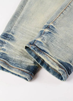 Designer High Street Fashion New Light Blue Men's Jeans Stretch Slimming White Leather Patch Hip Hop Brand Pants HombreY2K PlatiNum