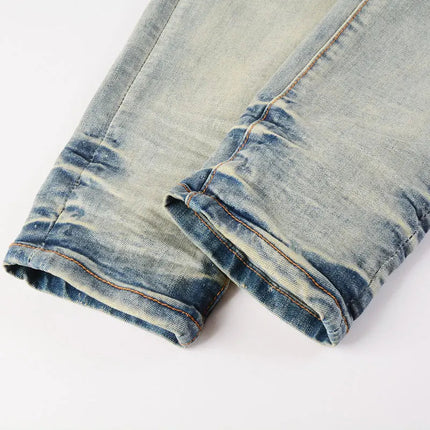 Designer High Street Fashion New Light Blue Men's Jeans Stretch Slimming White Leather Patch Hip Hop Brand Pants HombreY2K PlatiNum
