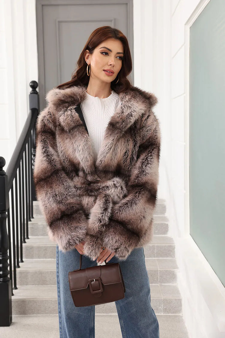 ZADORIN New Stripes Winter Fur Coats Woman Mid Long Hooded Warm Loose Faux Fur Coat For Woman Elegant Belted Fluffy Fur Jacket