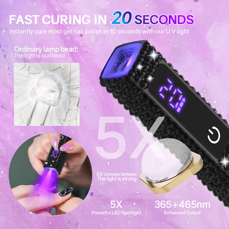 Handheld Mini  UV LED Nail Lamp With Diamonds Portable Nail Dryer Rechargeable 2-Timer Gel Curing Tool for On-the-Go Manicures