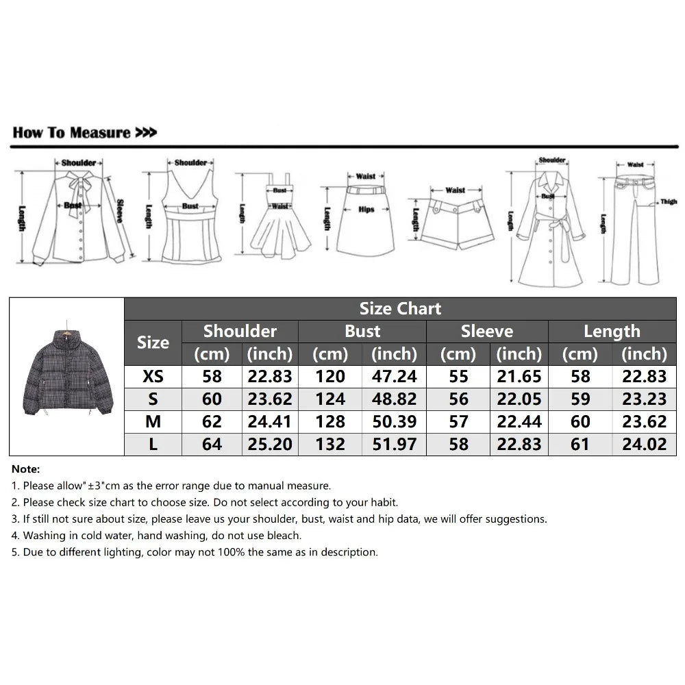 New in Winter High Neck Long Sleeves Zippered Coats for Women Brown Plaid Puffer Anorak with Adjustable Hem Comfy Padded Jackets