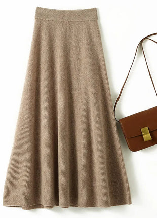 Chic New Women 100% Merino Wool Knitted A Line Skirt Solid Color Autumn Winter High Waist Preppy Style Soft Wool Midi Skirt PlatiNum