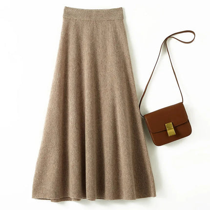 Chic New Women 100% Merino Wool Knitted A Line Skirt Solid Color Autumn Winter High Waist Preppy Style Soft Wool Midi Skirt PlatiNum