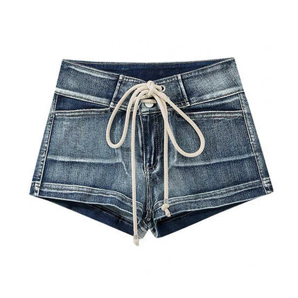 Summer Women Kpop Jean Shorts Abi Y2K 2000s Lace Up Denim Hot Pants Grunge Gyaru Japanese American Retro Cyber Punk Harajuku New PlatiNum