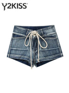 Summer Women Kpop Jean Shorts Abi Y2K 2000s Lace Up Denim Hot Pants Grunge Gyaru Japanese American Retro Cyber Punk Harajuku New PlatiNum