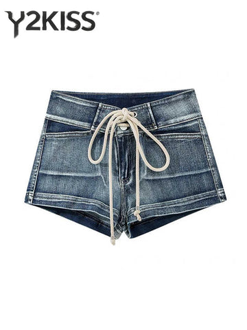 Summer Women Kpop Jean Shorts Abi Y2K 2000s Lace Up Denim Hot Pants Grunge Gyaru Japanese American Retro Cyber Punk Harajuku New PlatiNum