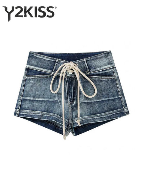 Summer Women Kpop Jean Shorts Abi Y2K 2000s Lace Up Denim Hot Pants Grunge Gyaru Japanese American Retro Cyber Punk Harajuku New PlatiNum