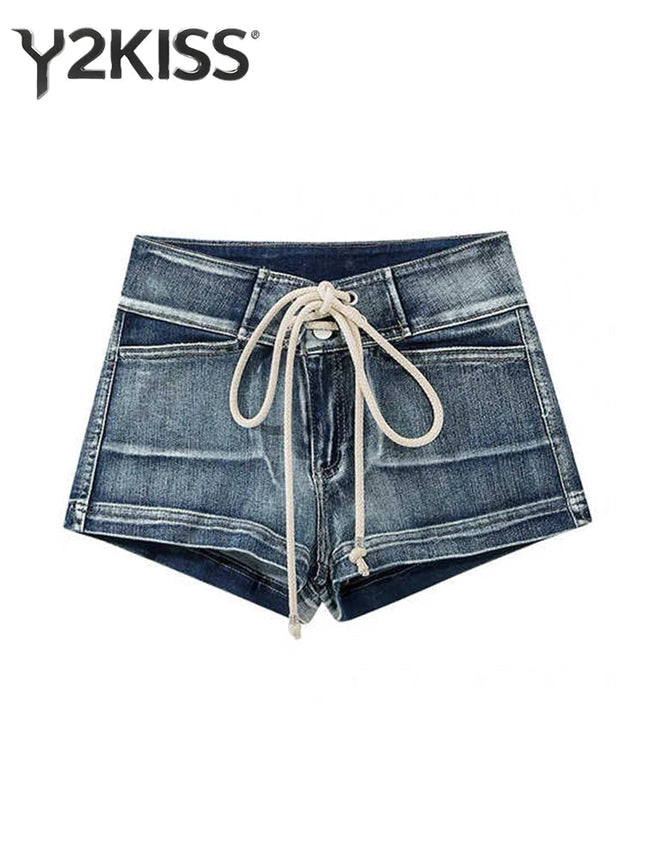 Summer Women Kpop Jean Shorts Abi Y2K 2000s Lace Up Denim Hot Pants Grunge Gyaru Japanese American Retro Cyber Punk Harajuku New PlatiNum
