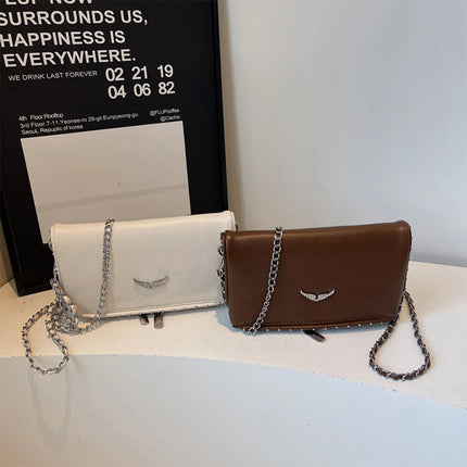 Luxury Crossbody Bag Solid Color PU Wing Logo Design Lightweight Magnetic Adjustable Chain Strap Handbag for Travel Commute PlatiNum