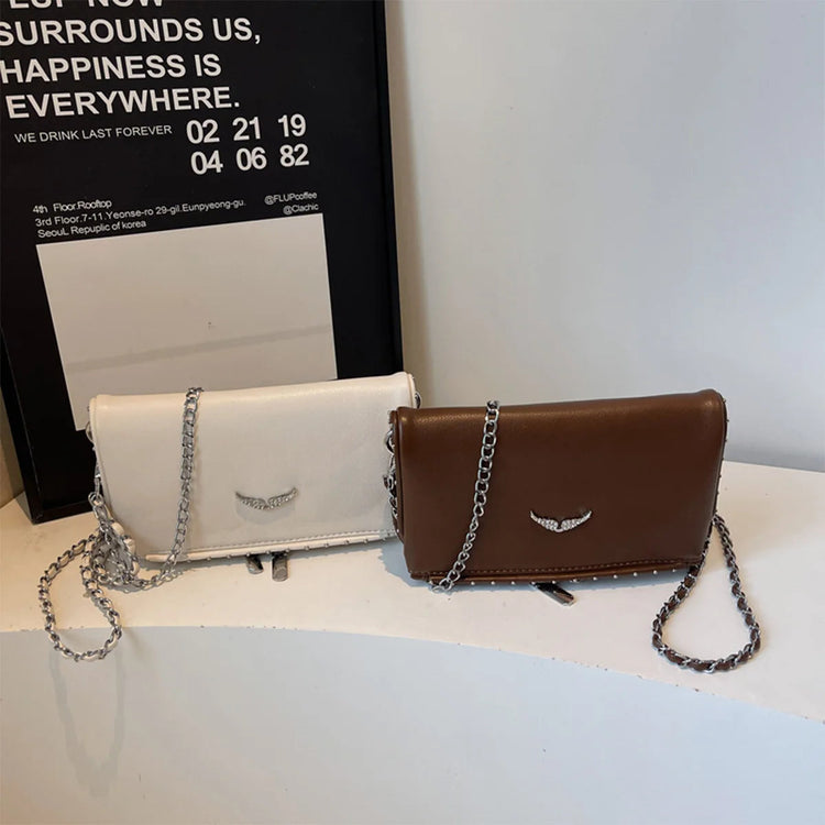 Luxury Crossbody Bag Solid Color PU Wing Logo Design Lightweight Magnetic Adjustable Chain Strap Handbag for Travel Commute PlatiNum