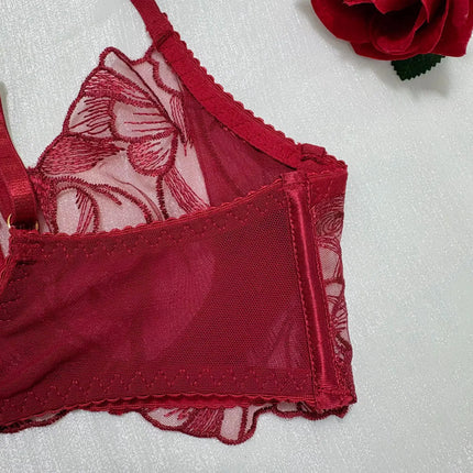 Red Lace Embroidery Bra Set 5-Piece Lingerie Comfortable Push Up Underwear