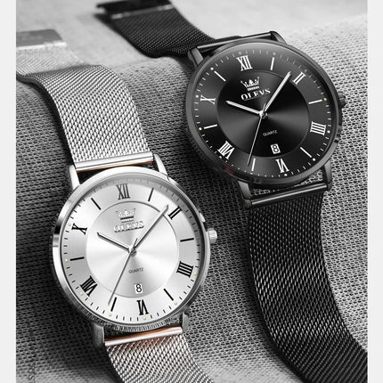 OLEVS 5623 Orologio al quarzo da uomo con quadrante minimalista con numeri romani, cinturino in maglia milanese, lancette luminose, datario, resistente all'acqua fino a 30 m platinumshop