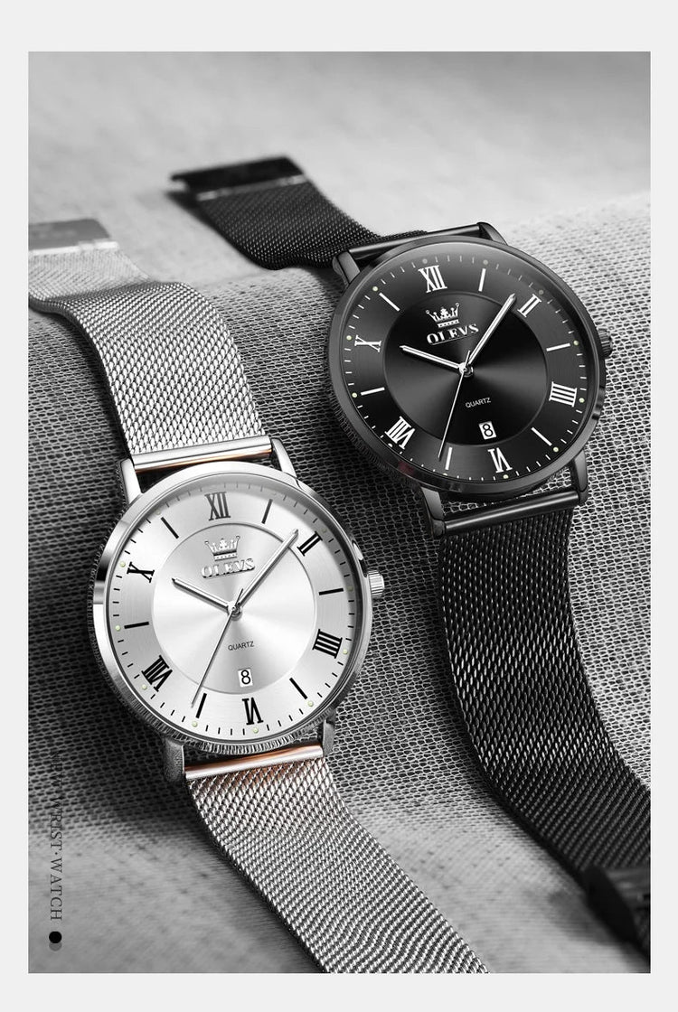OLEVS 5623 Orologio al quarzo da uomo con quadrante minimalista con numeri romani, cinturino in maglia milanese, lancette luminose, datario, resistente all'acqua fino a 30 m platinumshop