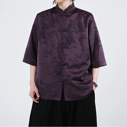 Camicie cinesi Camicia retrò in seta di ghiaccio con motivo floreale scuro Tradizionale Kung Fu Tai Chi Casual Loose Fit Top da uomo traspirante estivo