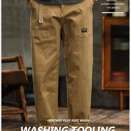 HIQOR Mens Clothing Spring Autumn Cargo Pants Man Cotton Casual Loose Trouser Belt Mid Waist Joggers Male Straight Baggy Pants
