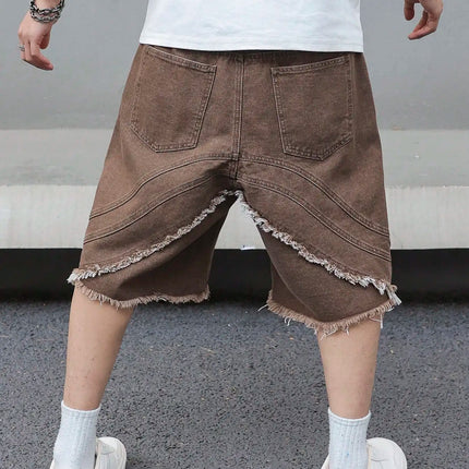 Pantaloncini estivi in denim marrone da uomo, caratterizzati dallo stile street retrò alla moda, alla moda, vestibilità ampia, adatti per l'abbigliamento casual quotidiano.
